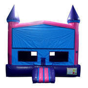 A Purple and Pink Castle Bounce House with Basketball Goal