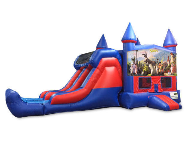 Shrek 7' Double Lane Dry Slide With Bounce House