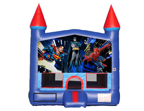 Blue & Red Castle Bounce House - Superheroes