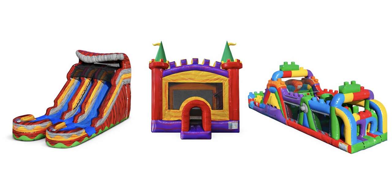 Left (Castle Combo with Slide): Castle bounce house slide combo rental in Northern Kentucky and Cincinnati from Bounce Party Connection.  Center (Classic Bounce House): Colorful bounce house rental in Northern Kentucky and Cincinnati by Bounce Party Connection.  Right (Dual Lane Water Slide): Dual lane inflatable water slide rental in Northern Kentucky and Cincinnati from Bounce Party Connection.