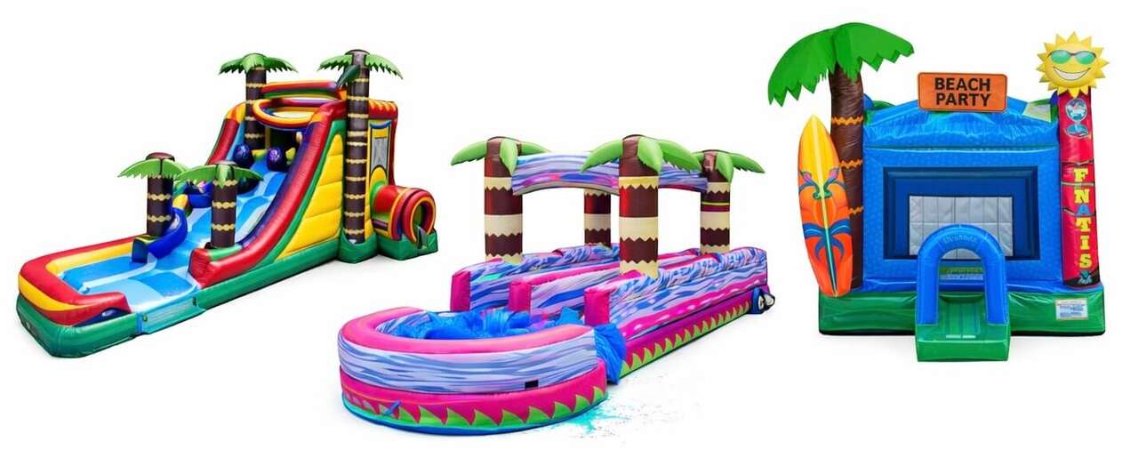 Left: Tropical water slide combo rental in Northern Kentucky and Cincinnati â Bounce Party Connection.  Center: Dual lane slip and slide rental in Northern Kentucky and Cincinnati â Bounce Party Connection.  Right: Beach party bounce house rental in Northern Kentucky and Cincinnati â Bounce Party Connection.
