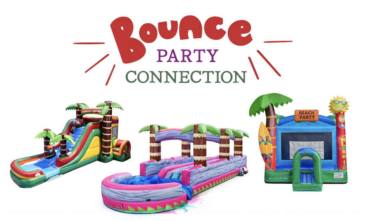 Left: Tropical water slide combo rental in Northern Kentucky and Cincinnati â Bounce Party Connection.  Center: Dual lane slip and slide rental in Northern Kentucky and Cincinnati â Bounce Party Connection.  Right: Beach party bounce house rental in Northern Kentucky and Cincinnati â Bounce Party Connection.