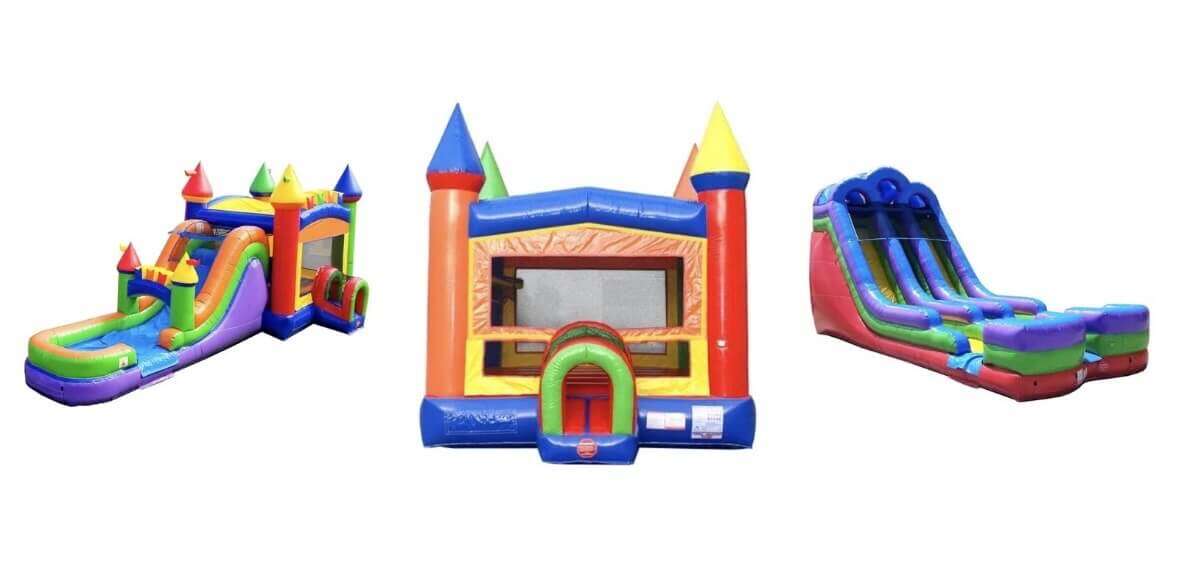 Left (Castle Combo with Slide): Castle bounce house slide combo rental in Northern Kentucky and Cincinnati from Bounce Party Connection.  Center (Classic Bounce House): Colorful bounce house rental in Northern Kentucky and Cincinnati by Bounce Party Connection.  Right (Dual Lane Water Slide): Dual lane inflatable water slide rental in Northern Kentucky and Cincinnati from Bounce Party Connection.