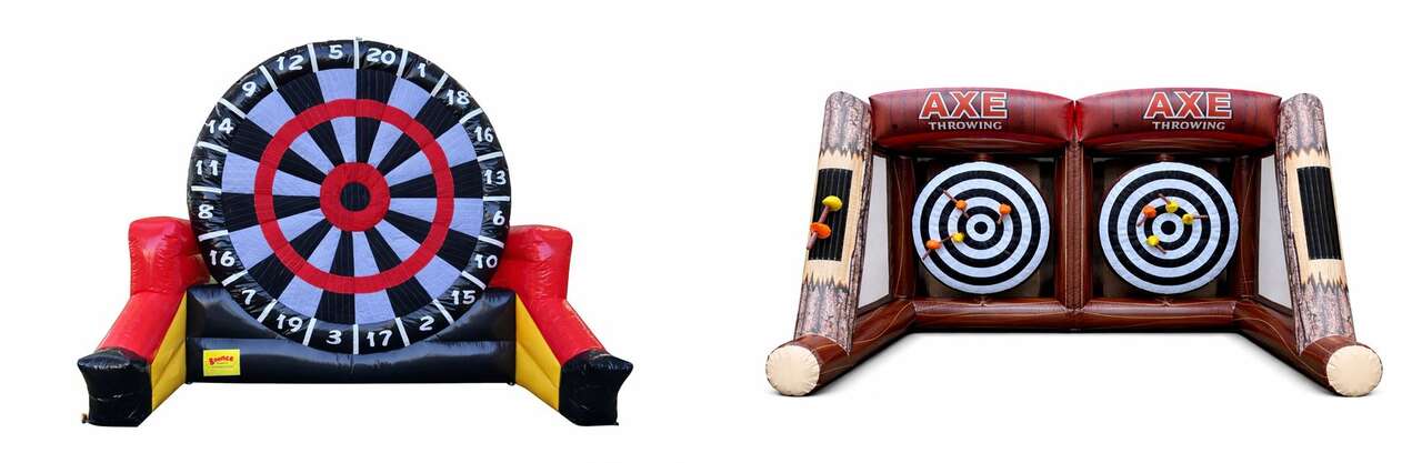 Soccer Darts (Giant Inflatable Dartboard): Giant inflatable soccer darts game with large Velcro soccer balls and numbered dartboard target.  Dueling Axes (Dual Lane Axe Throwing): Dual lane inflatable axe throwing game with two target boards for competitive party fun.