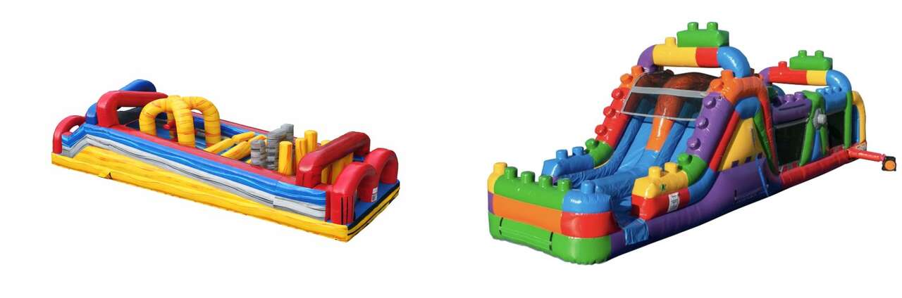 Two inflatable obstacle course rentals side by side on a white background, featuring a colorful Lego-style obstacle course and a red, yellow, and blue challenge course from Bounce Party Connection.