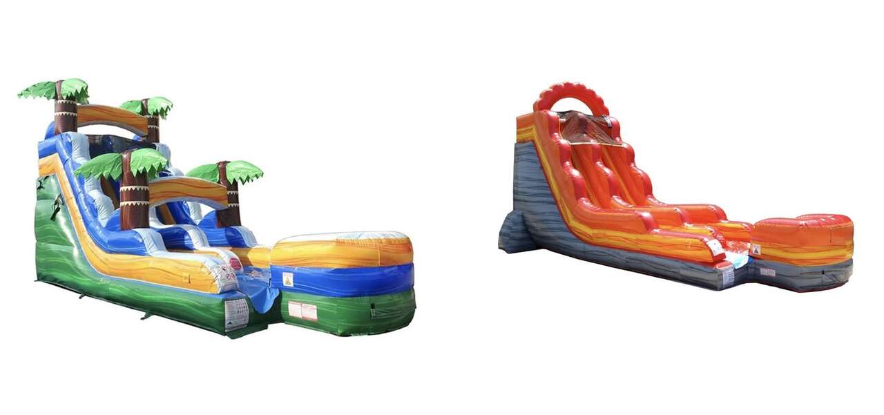 Tropical inflatable water slide with palm trees and splash pool, perfect for summer parties and events. Dual-lane inflatable water slide in red, orange, and blue with splash pool for backyard parties and events.