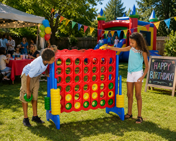 Giant Connect 4 backyard game rental for birthday parties and HOA events in Buda TX