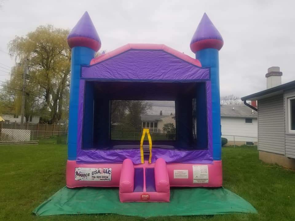 Large blue, pink and purple bounce house used for princess themed birthday parties