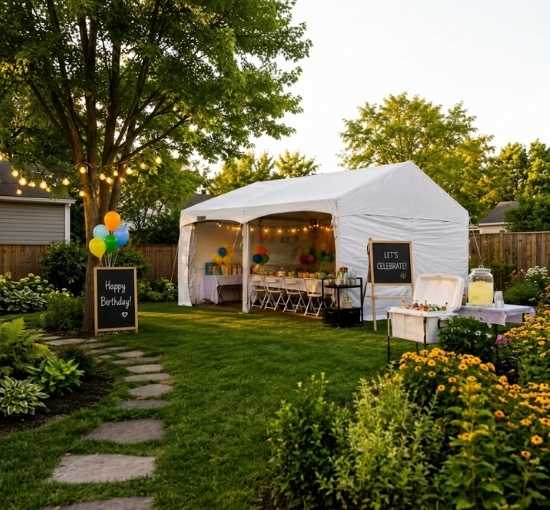 White party tent set up in a backyard with tables, chairs, and festive decorations