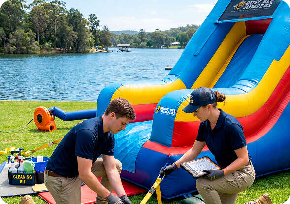 Staff setting up a bounce house