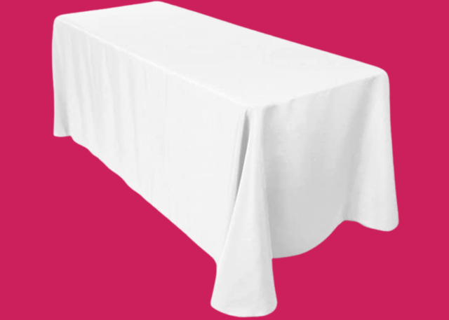 Floor length white table covers for 8ft rectangular tables