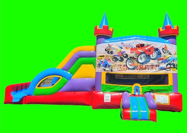 Monster Wheels Bounce and Double Lane Water Slide DRY
