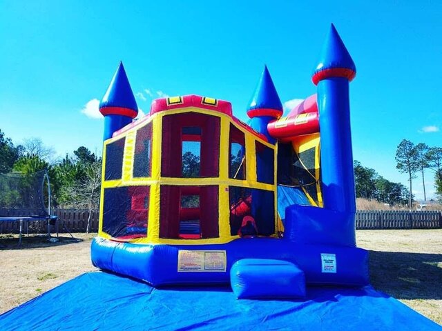Blue Red Yellow Primary Colors Bounce House Inflatable with Slide and Pop Ups and Basketball Goal