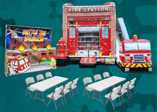 firefighter birthday party game rental package with fire station bounce house tables and chairs