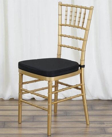 Gold Chiavari chair with black cushion