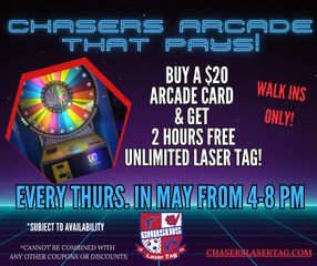 MAY COMBO - $20 ARCADE CARD WITH FREE 2 HOURS UNLIMITED LASER TAG
