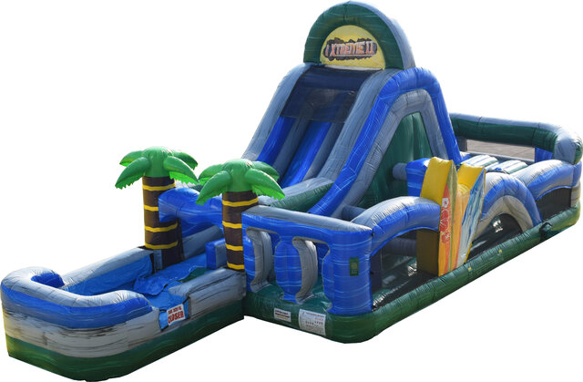 60' Extreme Tropical Dual Lane Obstacle Course With Water Slide