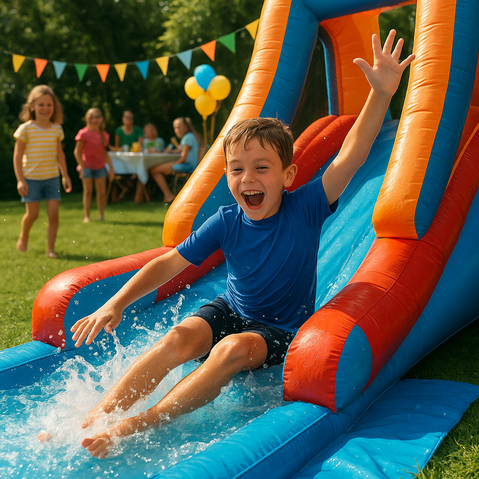 Kid sliding on inflatable water slide Rental