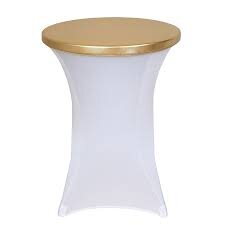 30 IN. ROUND STRETCH COCKTAIL TABLECLOTH TOP GOLD  AND WHITE