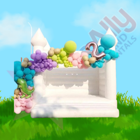 White Bounce House With 12' Balloon Garland 