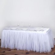17 FT White Two Layered Pleated Tulle Tutu Table Skirt With Satin Edge