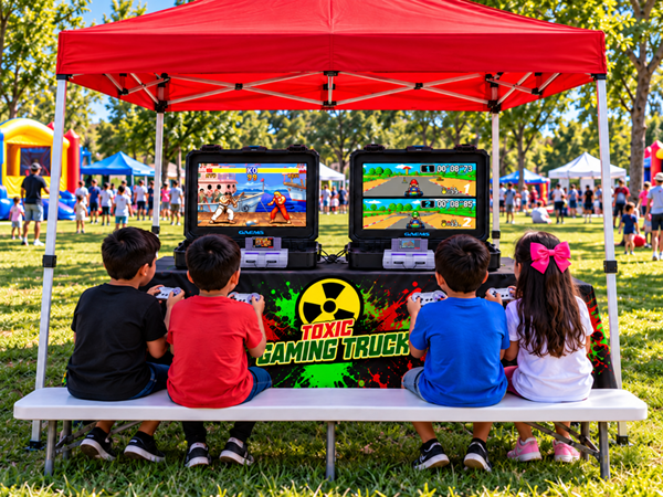 Kids playing retro Super Nintendo games at outdoor Retro Gaming Station rental in Los Angeles County