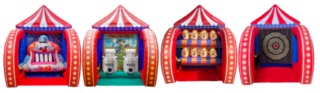 4 Carnival Inflatables (Clown Tooth, Milk Can, Down-A-Clown, Axe) 34'x10'