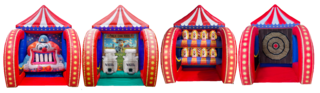 4 Carnival Inflatables (Clown Tooth, Milk Can, Down-A-Clown, Axe) 34'x10'