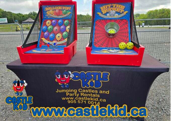Carnival game rentals including Balloon Pop and Hit the Bucket by Castle Kid Jumping Castle Rentals