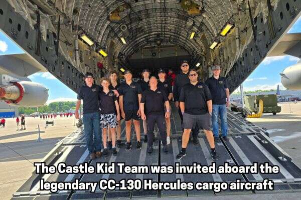 Castle Kid Event Operations Team inside the CC-130 Hercules at the 2024 Quinte West International Air Show, where 14 trained staff professionally operated and supervised 8 inflatables for more than 50,000 attendees