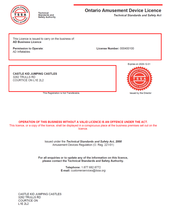 TSSA Inflatable License - Castle Kid Jumping Castle Rentals Ontario