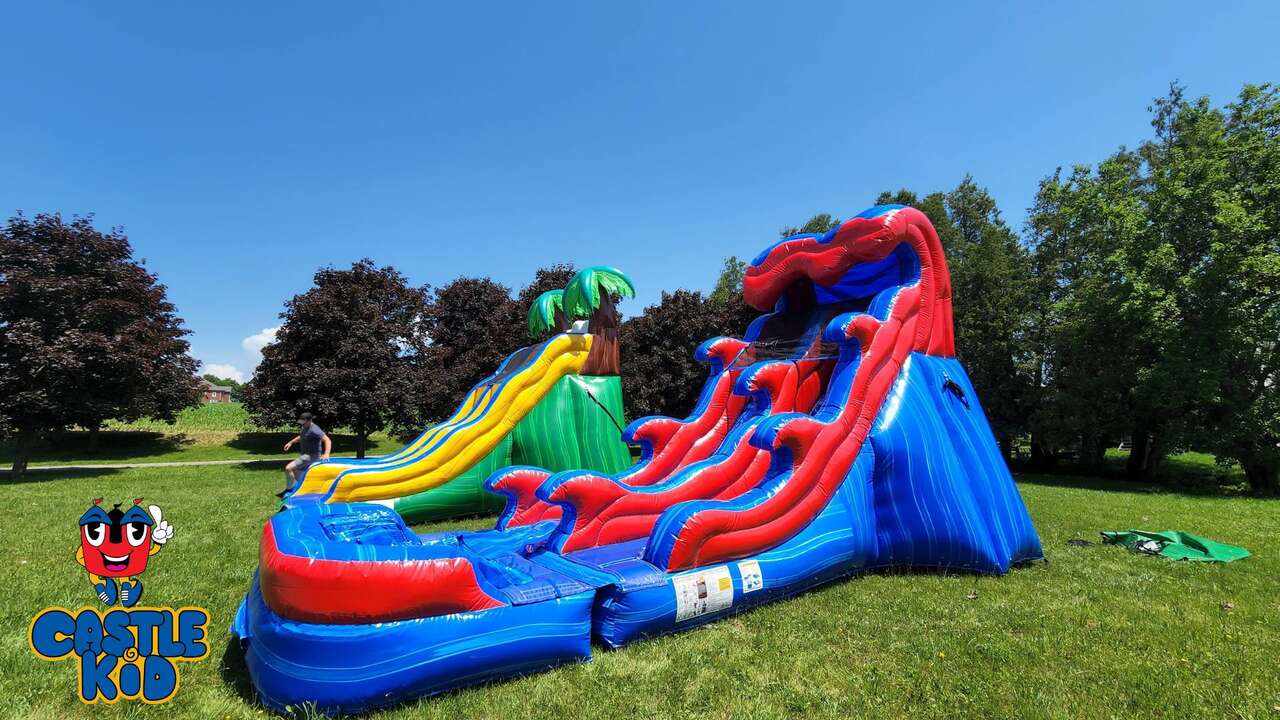 Inflatable water slide rental 17ft Rockin Rapids backyard summer party Durham Region