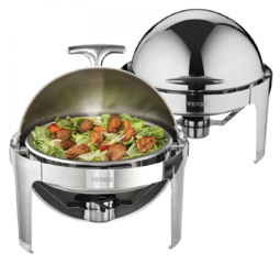 Roll Top Chafing Dish Buffet Set, 6 Qt 2 Pack, Stainless Steel Chafer with 2 Full Size Pans, Round Catering Warmer Server with Lid Water Pan Stand Fuel Holder