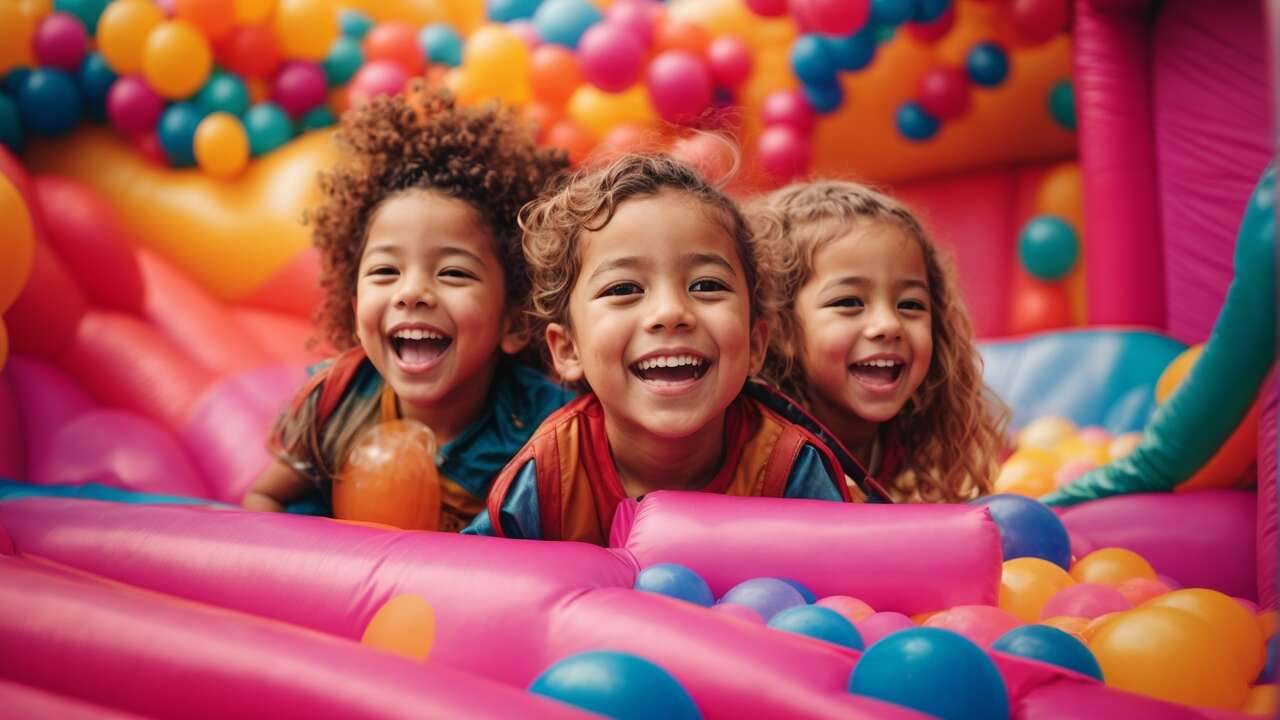 Three happy kids playing inside a colorful inflatable with balloons, enjoying a fun day with bounce house rentals in Boardman, OH.