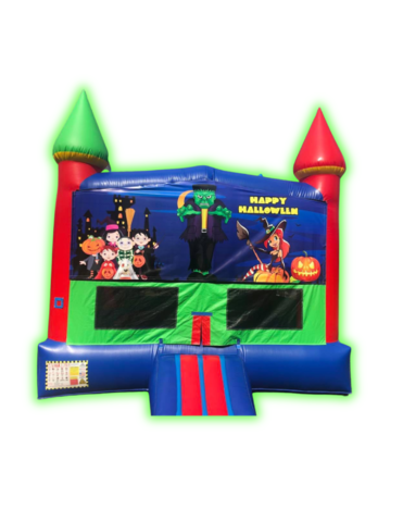 Halloween-themed bounce house with cartoon characters and castle design available in Canfield, OH