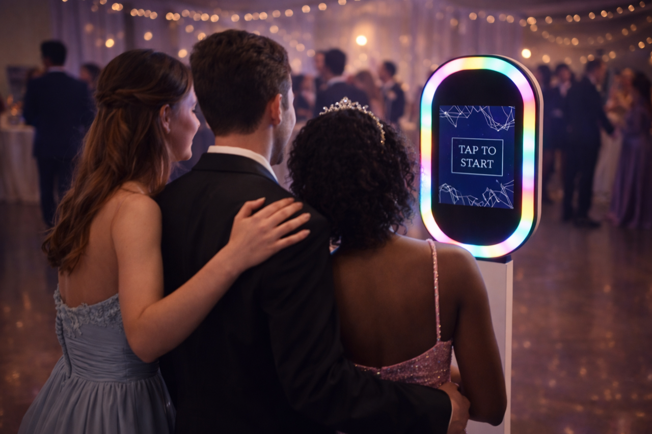 Guests using an open-air LED photo booth at a prom-style indoor event in Boardman OH
