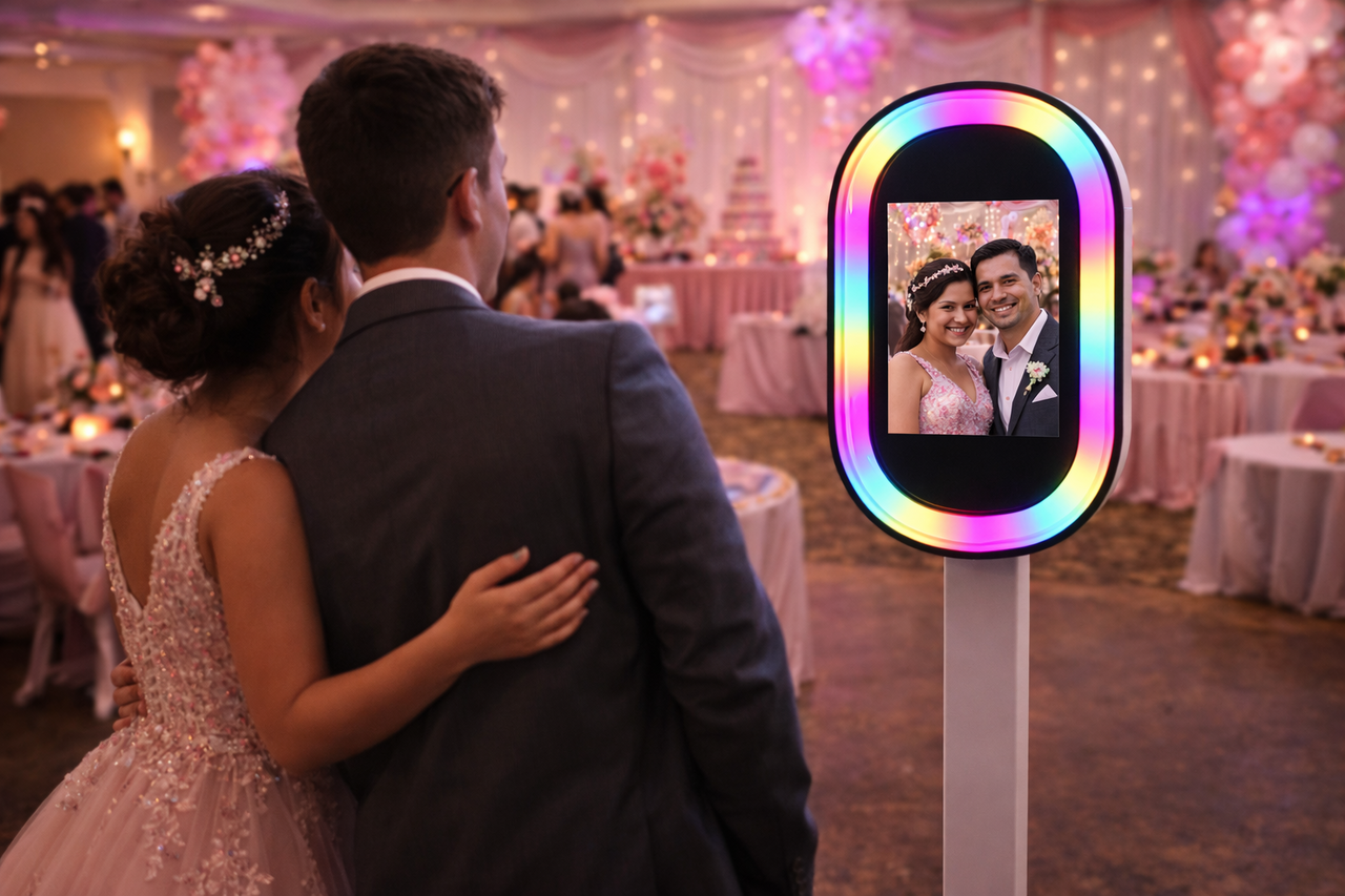 Guests using a modern open-air photo booth during a quinceañera celebration in the Mahoning Valley