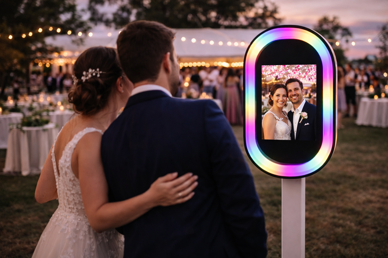 Guests using a modern open-air LED photo booth at an indoor celebration in the Mahoning Valley