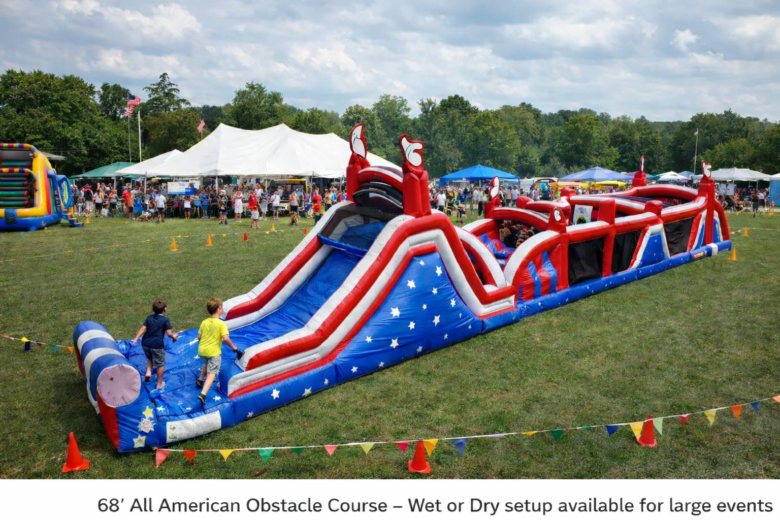 68 foot All American inflatable obstacle course set up for a large outdoor event