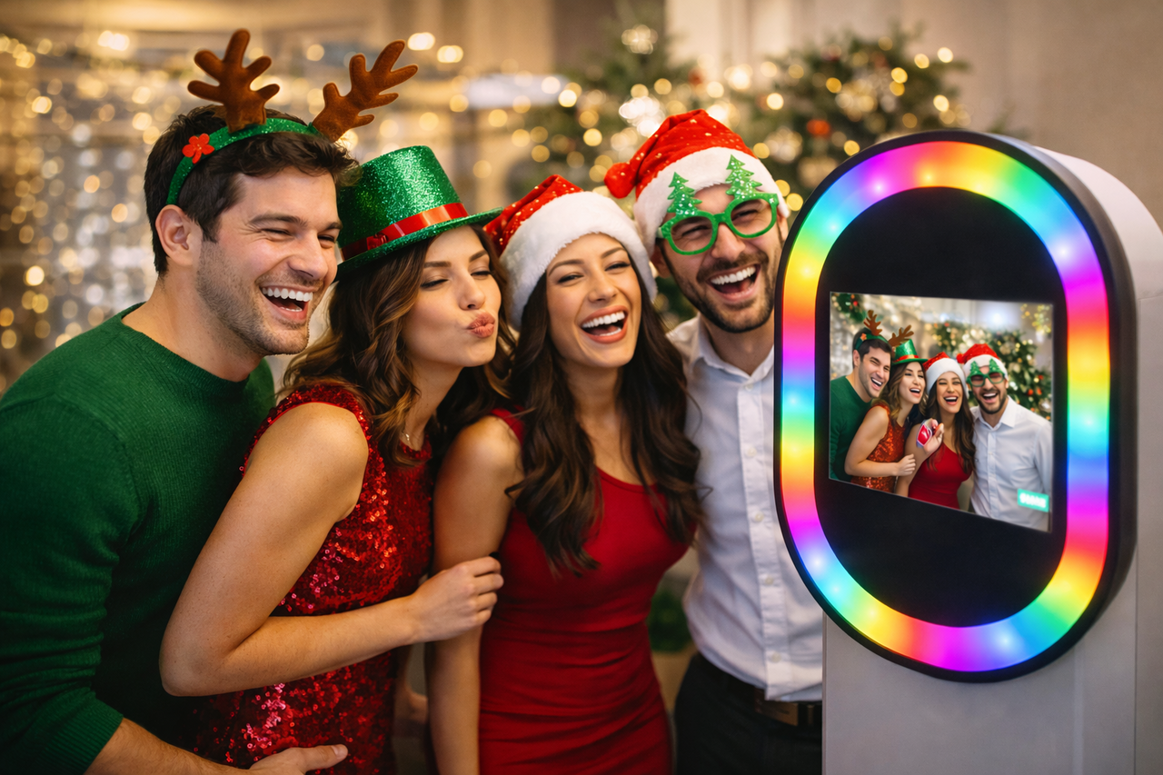 Guests enjoying a modern photo booth rental at an indoor holiday party in Youngstown and Boardman, OH