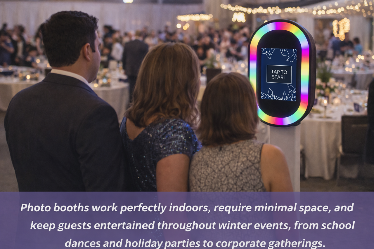 Indoor photo booth rental at a winter event in Youngstown and Boardman, OH with guests gathered around a modern LED photo booth enjoying the experience