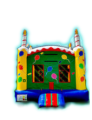 Birthday-themed bounce house rental in Canfield, OH featuring bright party colors, candle accents, netted sides, and safe entry ramp