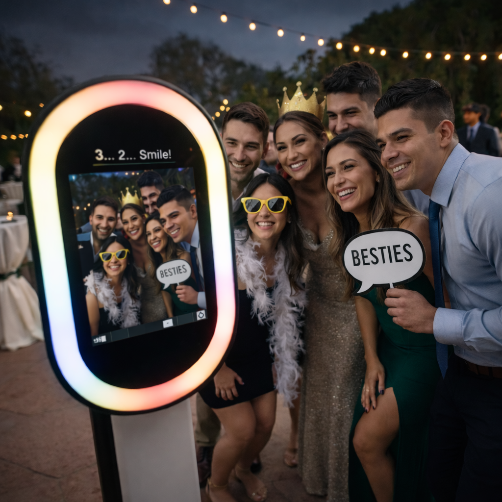 Photo booth rentals in Boardman, OH by Confetti House Rentals featuring a group of wedding guests posing at an outdoor evening event, smiling as the live preview appears on a modern photo booth screen during a countdown.