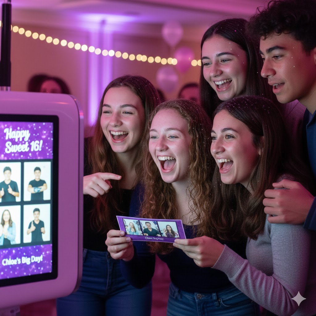 Photo booth rentals in Boardman, OH by Confetti House Rentals featuring a group of wedding guests posing at an outdoor evening event, smiling as the live preview appears on a modern photo booth screen during a countdown.