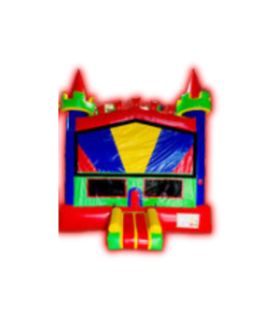 Colorful castle-style bounce house from Confetti Event Rental in Canfield, Ohio, featuring bright red, yellow, blue, and green panels â a popular inflatable rental for birthday parties, school events, and community celebrations across Canfield and nearby areas.
