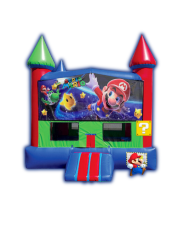 Super Mario themed castle bounce house rental in Canfield, OH featuring colorful gaming graphics, mesh windows, and inflatable front entry ramp