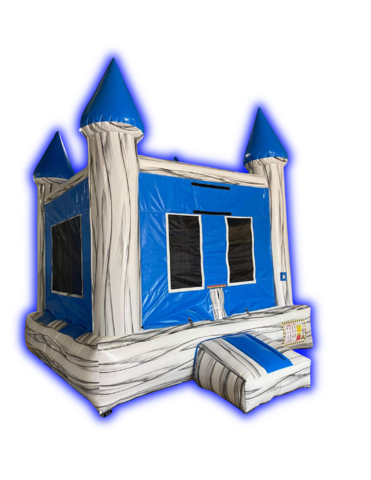 Blue and gray castle-style bounce house from Confetti Event Rental available for parties, schools, and community events in Canfield, Ohio — a top-rated, safe, and clean inflatable rental perfect for birthdays, festivals, and family celebrations.