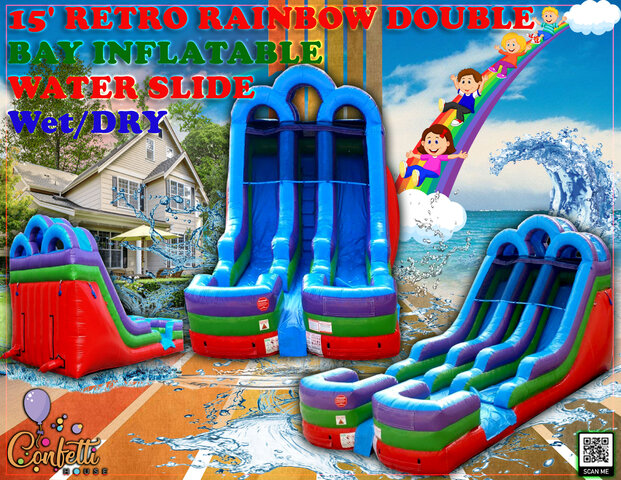 15' Double Bay  Retro Rainbow Wet/Dry Inflatable Slide