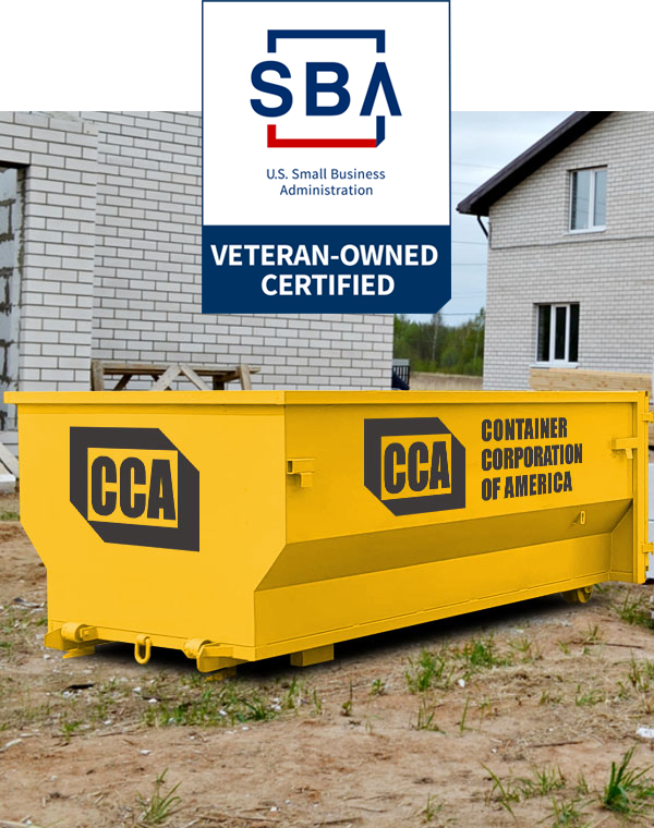 Yellow dumpster labeled "Container Corporation of America" at a construction site.