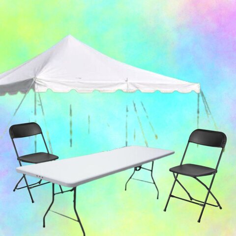 Tent and Rectangular Seating with Black Chairs